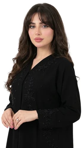 عباية سوداء بتطريز خيوط وخرز أسود على الصدر والأكمام - OS352
