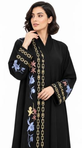 عباية كريب سوداء بتطريز الزهور-OS528