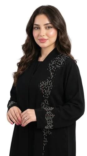 عباية سوداء قماش الكريب بتطريز خرز يمتد على الصدر والأكمام-OS375