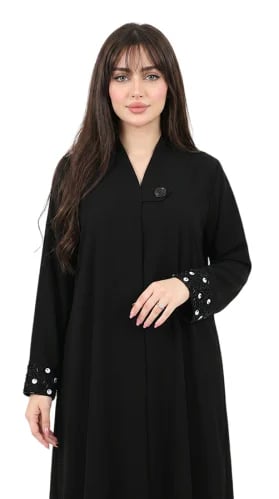 عباية سوداء كريب بزر وتطريز خرز على الأكمام - OS345