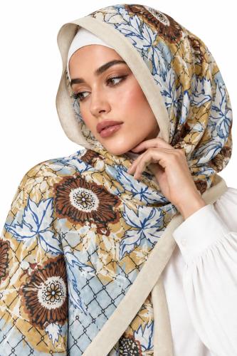 طرحة زهري بيج فاتح بنقشة البني الذهبي- TJ10
