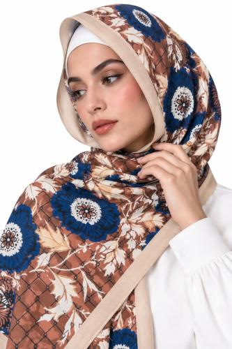 طرحة زهري بني طوبي بنقشة زرقاء - TJ13