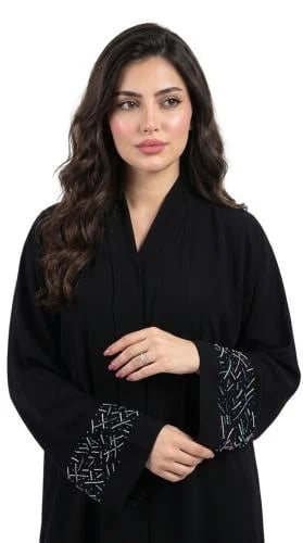 عباية سوداء بطريز يدوي على أكمام-OS383