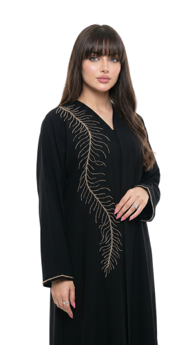 عباية ملكي سوداء بتطريز خرز ذهبي بتصميم ريشة - OS344