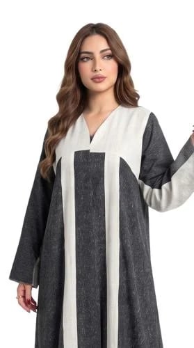 عباية من قماش الكتان بلونيّ البيج و الاسود-OS378