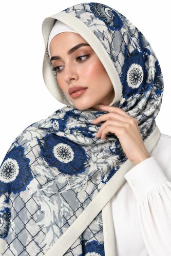 طرحة زهري أوف وايت بنقشة أزرق - TJ11