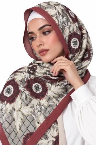 طرحة زهري بيج بنقشة عنابي - TJ14