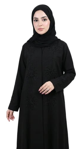 عباية كتان سوداء بتطريز خيوط وخرز أسود - OS353