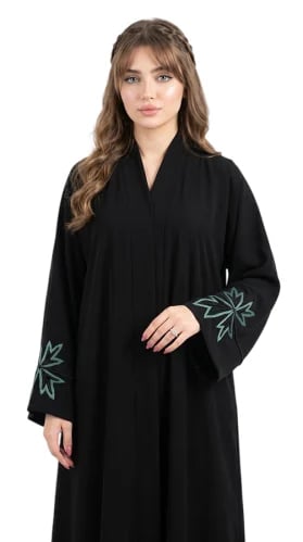 عباية نواعم سوداء بتطريز تركواز والخرز الأسود على الأكمام - OS334