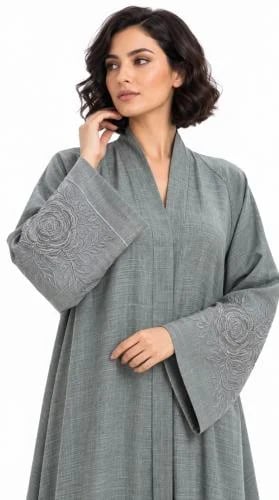 عباية كتان رمادي مطرزة - OS535