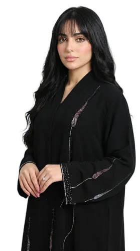 عباية كريب ملكي سوداء بتطريز خرز ملون على شكل سنابل-OS365