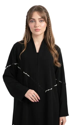 عباية كريب سوداء بكريستالات بيضاء وسوداء -OS351