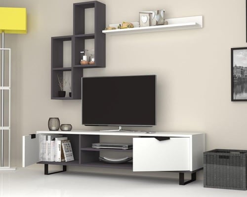 طاولة تلفزيون (صناعة تركية) ابيض ورمادي موديل Lons...