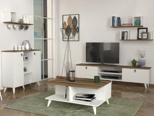 بكج طاولة تلفزيون وطاولة قهوة وركن قهوة لون ابيض و...