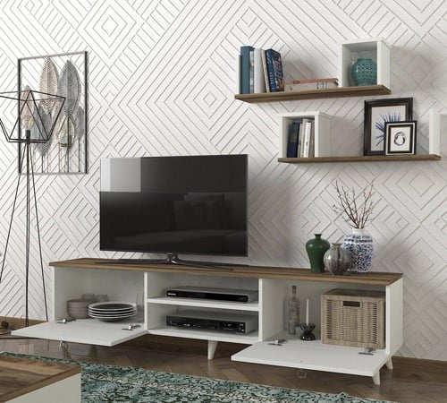 بكج طاولة تلفزيون وطاولة قهوة وركن قهوة لون ابيض و...