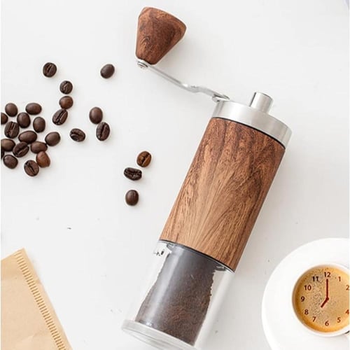 مطحنة قهوة محمولة مع مقبض خشبي مريح