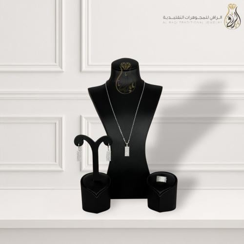طقم مجوهرات تقليدي بتصميم مستطيل فضي