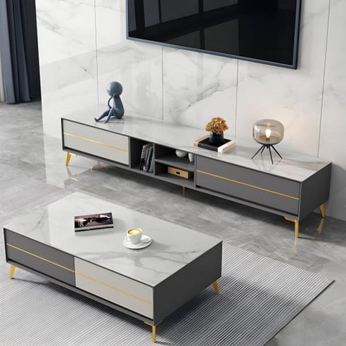 طقم طاولة تلفزيون مع طاولة قهوه رمادي