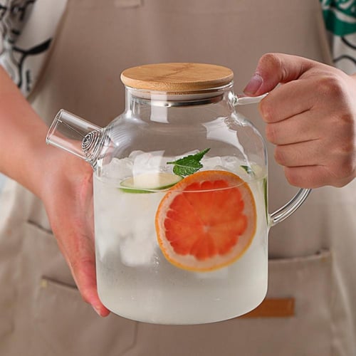 إبريق شاي زجاجي شفاف 1/1.8L مع غطاء من الخيزران مق...