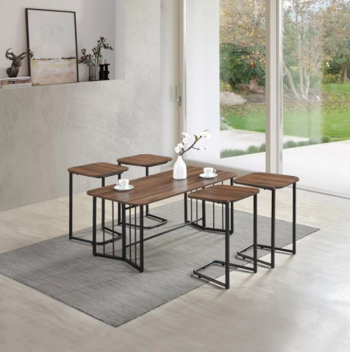 طاولات قهوة بني طقم 5 قطع خشبية متداخلة