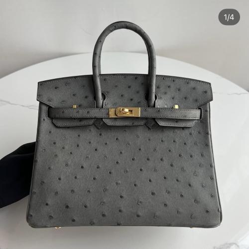 Birkin25 ostrich gris meyer With GHW