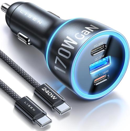 شاحن سيارة سريع USB C ليسين 170 وات [GaN] PD3.1 14...