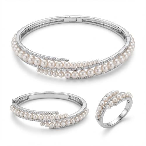 طقم ذهب ابيض و الماس و لولو زراعي