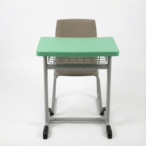 School seat with a green table and a brown chair,...