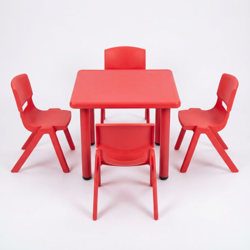 Square garden table 60*60 cm with four red chairs