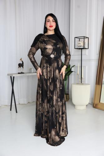 فستان سهرة ملكي باللون الأسود والذهبي المعتق