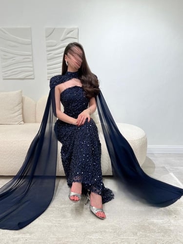 فستان سهرة نجوم الليل كحلي فاخر بشك يدوي