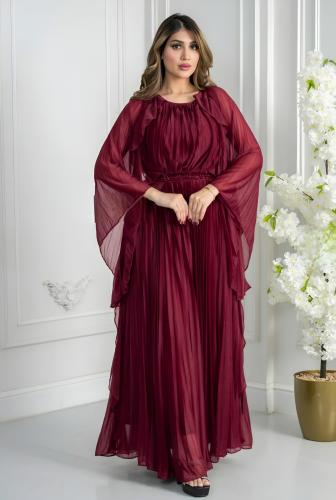 سهرة شيفون طويل بلون عنابي (خمري) وأكمام فراشة منس...