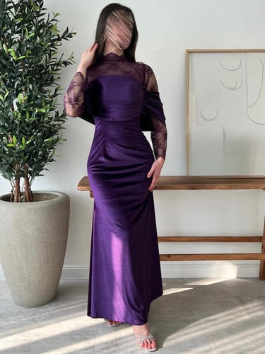 فستان سهرة مخمل ودانتيل راقي - بنفسجي ملكي