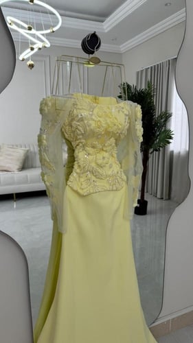 فستان سهرة نسائي بتطريز ثلاثي الأبعاد وأكمام شفافة...