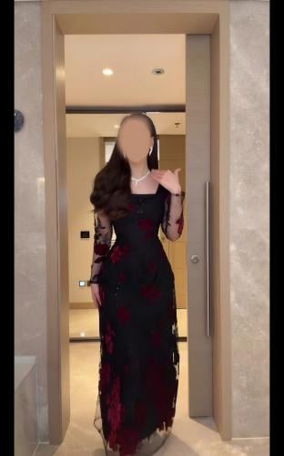 فستان سهرة أسود طويل بتطريز زهور مخملية حمراء إطلا...
