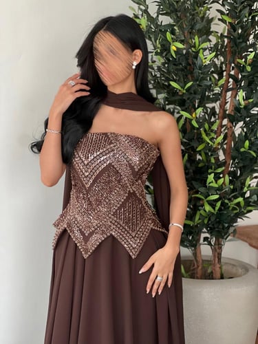 فستان سهرة تشوكليت شك يدوي فاخر مع شيفون
