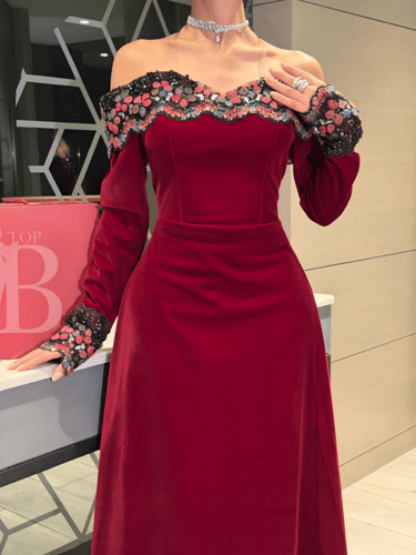 فستان سهرة مخملي ملكي بتطريز ورود ثلاثية الأبعاد أ...