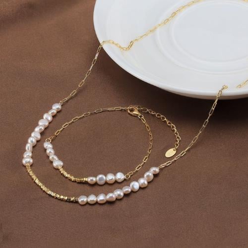 طقم لؤلؤ مطلي ذهب عيار 14 (فضة إسترليني S925)
