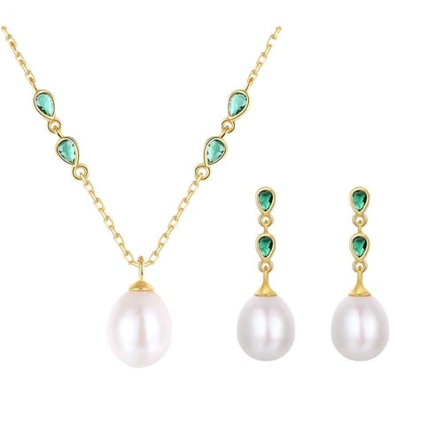 طقم اللؤلؤ والزمرد الذهبي (فضة إسترليني 925)