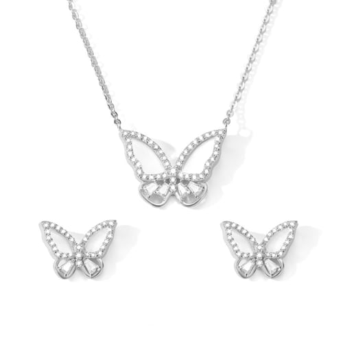 رفرفة وبريق: طقم عقد وأقراط فراشة زركونيا (فضة إست...