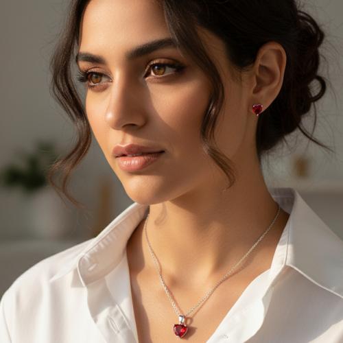 طقم مجوهرات حجر قلب الغارنيت (فضة إسترليني S925)