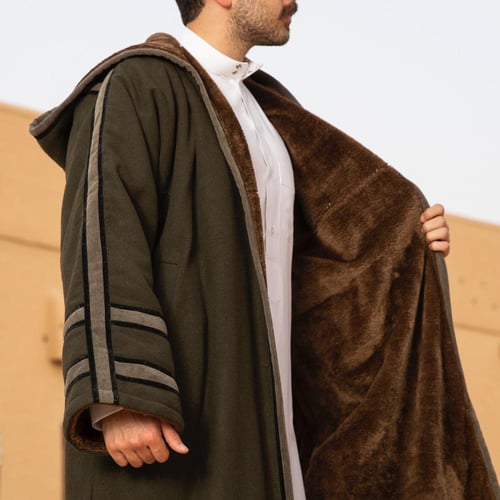 فروه جوخ زيتي ازياء شتوية - مبطن رمادي