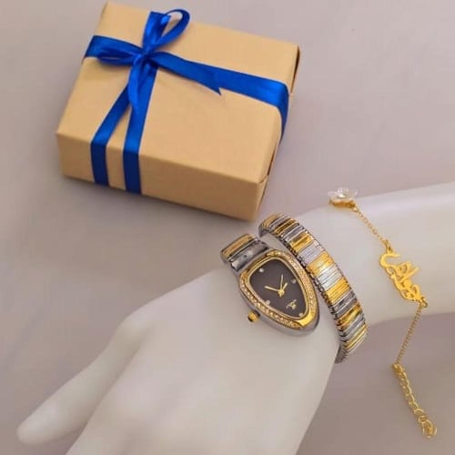 طقم نسائي فاخر مطلي بالذهب مع ساعة وسوار اسم أنيق