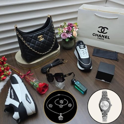 طقم نسائي فاخر كامل شنطة وحذاء ونظارة مع إكسسوارات...