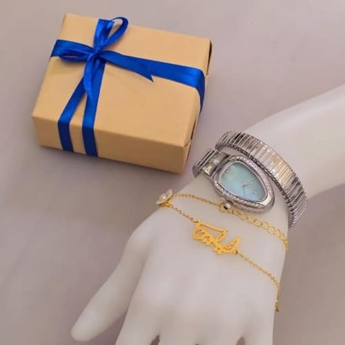 طقم نسائي فاخر مطلي بالذهب مع ساعة وسوار اسم أنيق