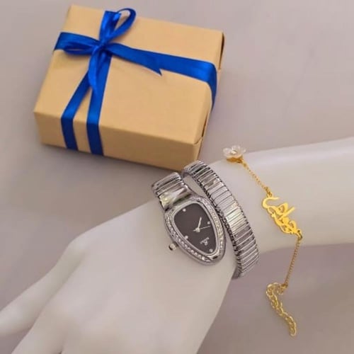 طقم نسائي فاخر مطلي بالذهب مع ساعة وسوار اسم أنيق