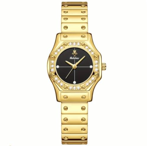 A gold watch with a black dial