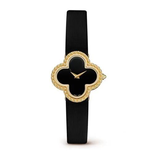 A gold watch with a black strap