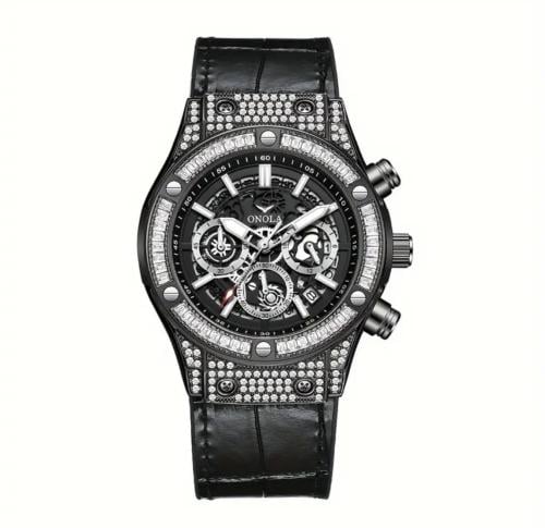 A watch in black color encrusted with crystal
