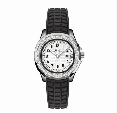 A silver watch with a black strap encrusted with c...